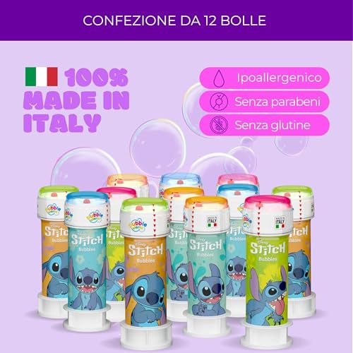Bubble World Stitch Soap Bubbles for Children Ideal as a Gadget Birthday Children White Tubes with Integrated Red Blower Pack of 12 60 ml Made in Italy