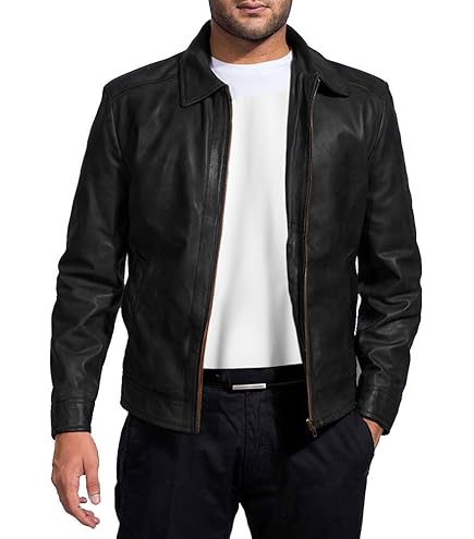 Men's Trucker Slim Fit Casual Vintage Black Leather Shirt Jeans