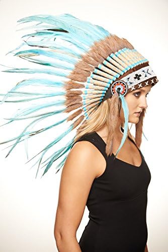 Native American Indian Headdress Feathers Head Piece Warbonnet Short (SH006 (Teal))