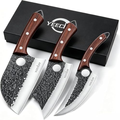 Juego de cuchillos de carnicero, 3 piezas cuchillo de chef serbio forjado a mano, cuchillo vikingo para cortar carne, con mangos ergonómicos, la cocina al aire libre, el camping y las barbacoas