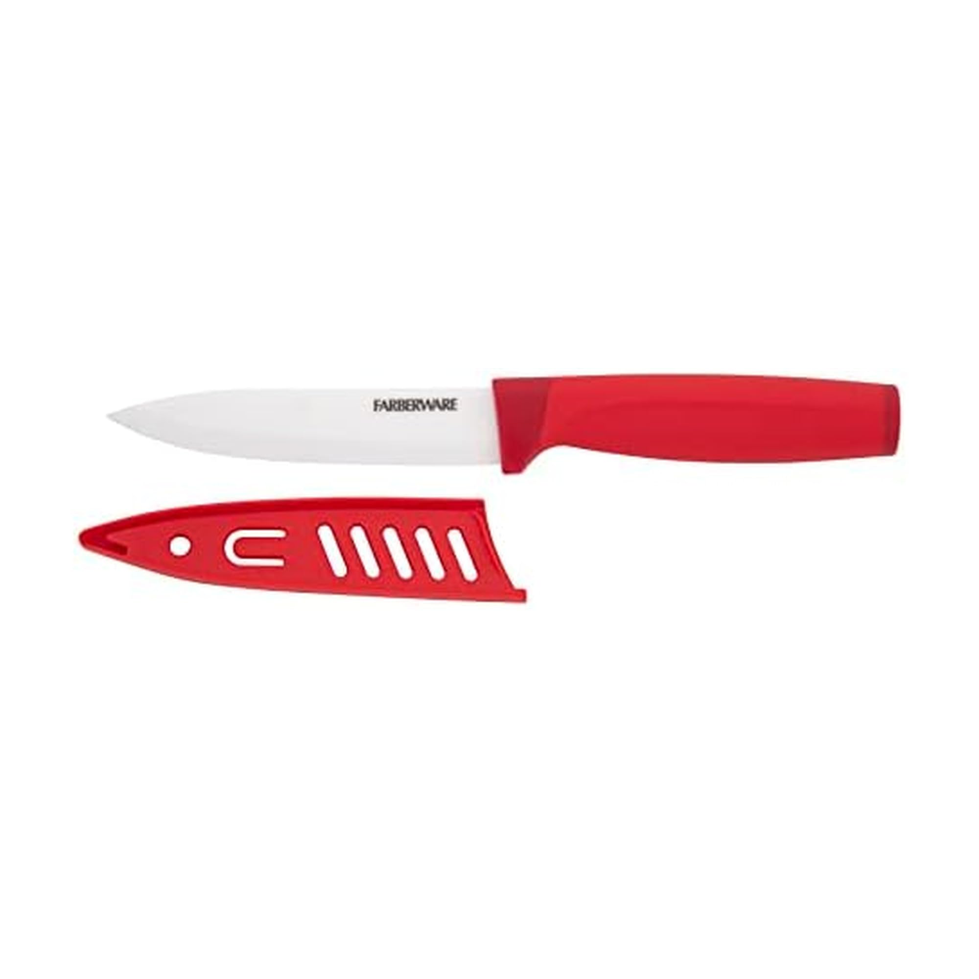 Photo 1 of Farberware Ceramic 5-inch Utility Knife with Custom-Fit Blade Cover, Razor-Sharp Kitchen Knife with Ergonomic, Soft-Grip Handle, Dishwasher-Safe, 5-inch, Red