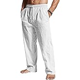 QOSOQ Men's Casual Linen Pants Loose Fit Drawstring Waist Lightweight Linen Trousers Summer Yoga Beach Long Pants