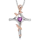 RIVIKO Rose Flower Cross Necklace for Women,925 Sterling Silver Birthstone Necklaces Heart Pendant,Cross Jewelry Anniversary Birthday Gifts for Women Wife Mom Lady