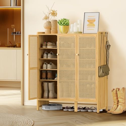 Bamboo Shoe Cabinet with Rattan Doors, 5-Tier Entryway Shoe Shelf Organizer, Storage Cabinet with Hooks Shoe Chest for Hallway Living Room Bedroom 90.5x35x107cm