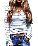 Women V-neck Long sleeve Lace up Striped Shirt Tops Tees
