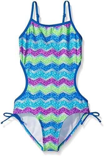 Angel Beach Girls' Big Girls Cracked Foil Chevron Monokini Cut Out One Piece Swimsuit, Blue, 7