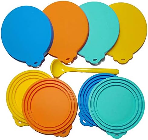 Silicone Pet Can Covers (lids-4 and Spoon-1/Pack) for Pet Dog Cat Food Can Top One Size Fits All Standard Size Dog and Cat Can Tops Universal Lid,Yellow/Orange/Dark blue/Light blue 4 Colors