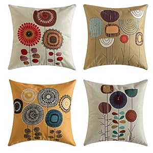 MIULEE Pack of 4, Flower Decoration Linen Burlap Decor Square Throw Cushion Cover Cushion Case for Living Room Sofa…