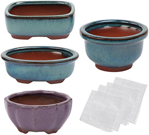 Happy Bonsai 4 pc Mini Glazed Pots Value Set + 4 Soft Mesh Drainage Screens