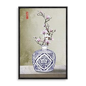 Framed Canvas Wall Art for Living Room, Bedroom Blue and White Porcelain Canvas Prints for Modern Home Decoration Ready to Hang - 16"x24" inches