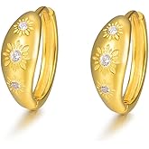 Dainty Sun Engraved Mini Hoop Earrings for Women Teen Girls Cartilage 925 Sterling Silver Crystal Cubic Zirconia Flower Tiny Small Huggie Hoops Earring Wrap Cuffs Cute Irregular Jewelry Gifts Hypoallergenic
