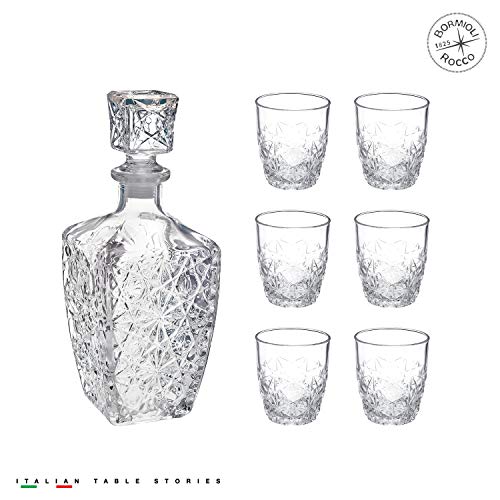 Bormioli Rocco Dedalo Whiskey Gift Set – Sophisticated 26.25oz Diamond Decanter & 6 Etched 8.75oz Whiskey Glasses With Sparkling Star-Cut Detailing – For Whiskey, Bourbon, Scotch & Liquor