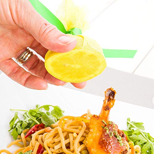 8.75 Inch x 8.75 Inch Lemon Squeeze Cloths, 100 With Green Satin Ribbon Lemon Covers Mesh