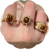 TUCEWP 3Pcs Tiger's Eye Chunky Ring Vintage Gold Knuckle Rings Set for Women Boho Retro Sun Stackable Rings Adjustable Open Ring Aesthetic Sunburst Statement Rings Christmas Birthday Jewelry Gift