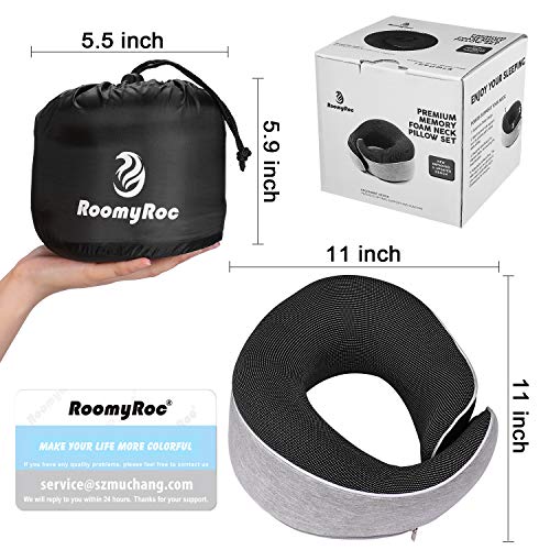 RoomyRoc Travel Pillow 100% Pure Memory Foam Neck Pillow, Soft Full Chin Head Neck Support Adjustable Best Sleep Pillow with Mask Earplug, Breathable & Washable Pillowcase, Car & Airplane Pillow, Grey