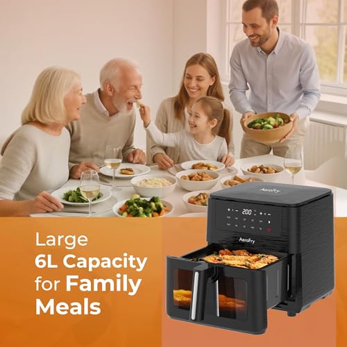 AEROFRY Digital Air Fryer 6L Panoramic glass, Oil Free Healthy Cooker with multiple Presets, Non-Stick Basket with 360° High speed air technology- Black | قلاية هوائية رقمية بدون زيت