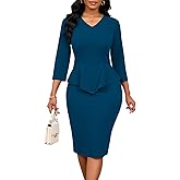 Ophestin Midi Dresses for Women Work Bodycon Pencil Dress Peplum 3/4 Sleeve V Neck Office Church Cocktail Sheath Dress