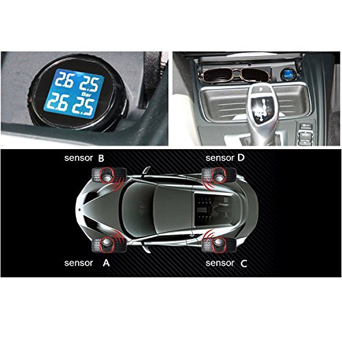 Vesafe Tire Pressure Monitoring System TPMS, Wireless Real-time Cigarette Lighter Plug TPMS CL-201, Tire Pressure and Temperature Gauge with 4 DIY External Cap Sensors (0-6Bar/0-87Psi)
