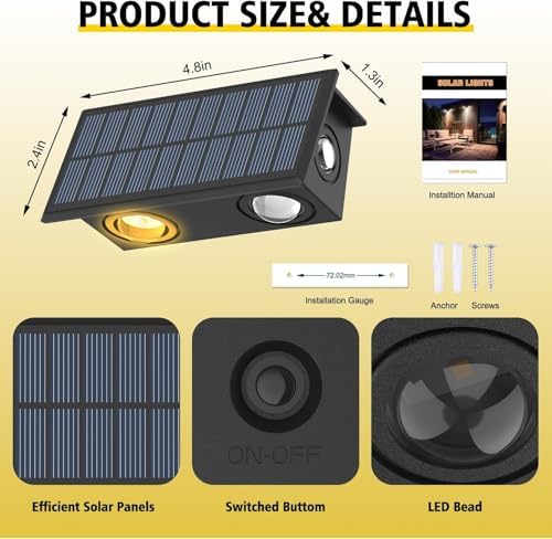 Aplique Solar Pared Exterior, 4 Piezas Luz Solar Exterior Pared Blanco Cálido, Luces Pared Solar con Iluminación en Tres Direcciones, IP65 Impermeable para Patio, Valla, Porche, Garaje