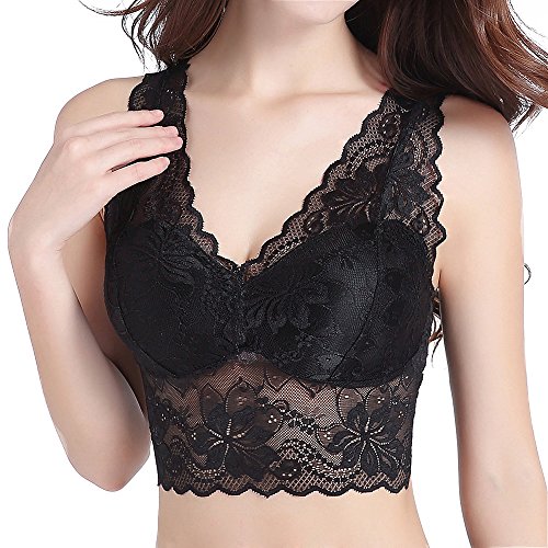 Sleep Koala Women's Sexy Lace Bralette Padded Bra Yoga Bralettes Wire Free Sleep Lingerie Black XXL (40B, 38C)