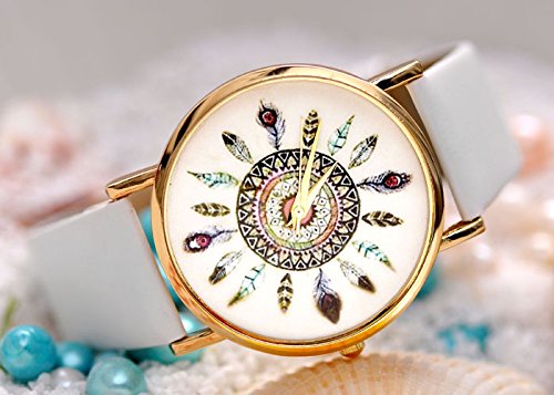 JSDDE - Montre Quartz Mixte Plume de Paon Bracelet en PU Cuir Blanc