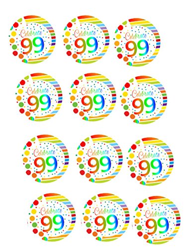 CakeSupplyShop Item#RE-100 Happy 99th Birthday 2inch Rainbow Edible Cupcake / Cookie Frosting Image Toppers -12ct