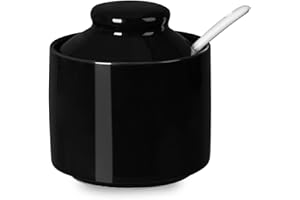 ONTUBE Ceramic Sugar Bowl with Lid and Spoon,Porcelain Seasoning Box Salt Bowl,8oz (Black)