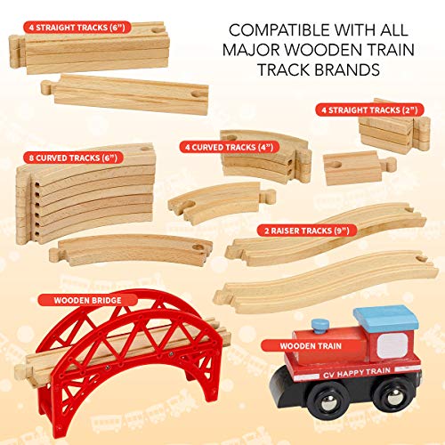 Dragon Drew 24 Piece Wooden Train Set - Compatible with Brio, Thomas, Chuggington and All Major Brands – Accessories and Expansion Kit Includes 22 Tracks, a Bridge and 1 Engine Car
