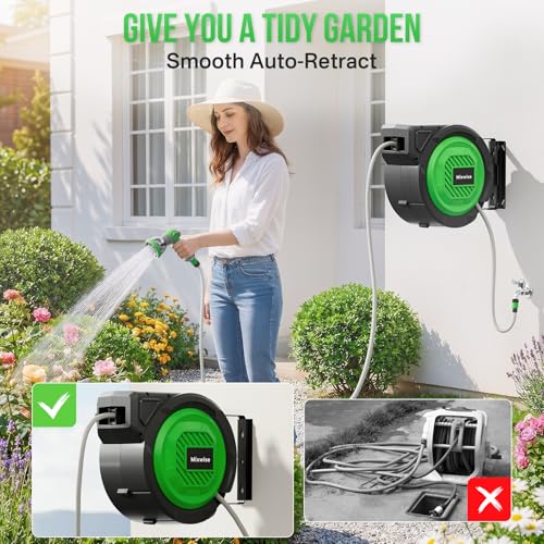 Retractable Garden Hose Reel, 5/16'' x 20m+2m Wall Mounted Hose Reel with 180° Swivel Bracket,10-Pattern Nozzle, Automatic Slow Return System, Any Length Lock, Hosepipes for Garden, Cleaning