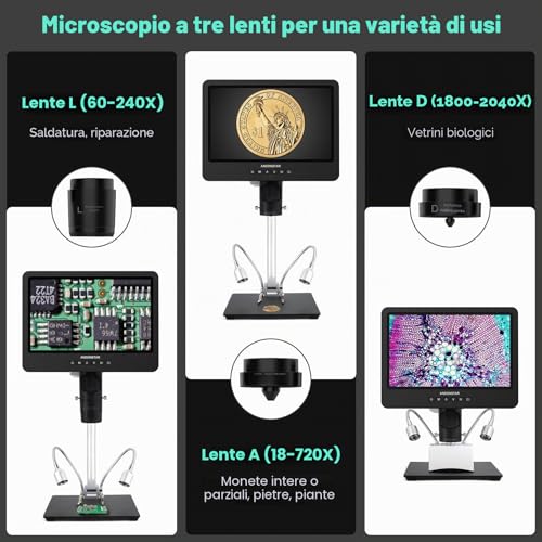 Andonstar AD249S HDMI Digital Microscope 10.1 Inch 2000x for Adults UHD Video Recorder 3 Lens 2160P Soldering Coin Biological Kit