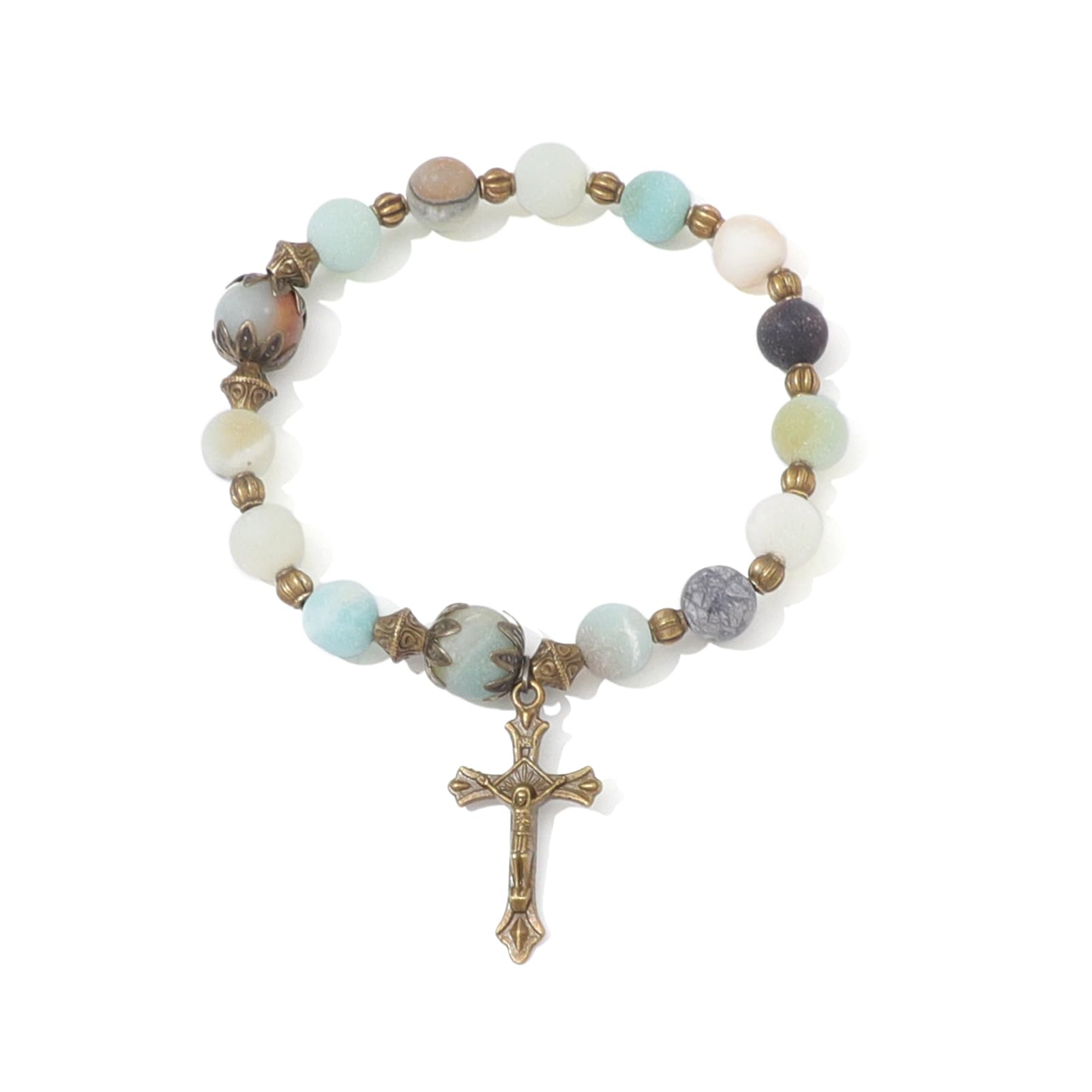 KOMI Gemstone Beaded Stretch Bracelet 8mm 10mm Beads Catholic Rosary Bracelet with Crucifix Cross, Beads Bracelet for Women Men Girls Catholic Religious Jewelry, Catholic Gifts for Women