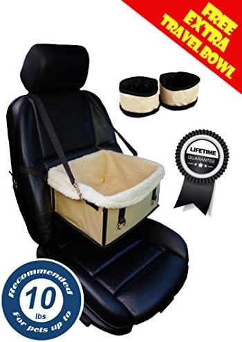 Dog Booster Car Seat, Lookout Tagalong Pet Seat for Traveling in Car Bucket Seat, Airline Chair with Two Bonus Travel Dog Bowls for Food or Water, Safety Harness, Carrying Strap, for pets up to 10 lbs