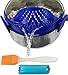 Clip-On Kitchen Food Strainer for Spaghetti, Pasta, Ground Beef Grease, Colander & Sieve Snaps on Bowls, Pots and Pans, Set includes Silicone Strainer, Brush & Garlic Peeler by Salbree (Dark Blue)