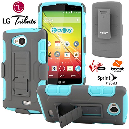 LG Tribute Case, CellJoy [Robot Armor] (Gray / Turquoise Teal) LG LS660 Optimus F60 Transpyre **ShockProof** [HEAVY DUTY] Drop Protection Kickstand Hybrid Cover [Swivel Belt Clip Holster Combo]