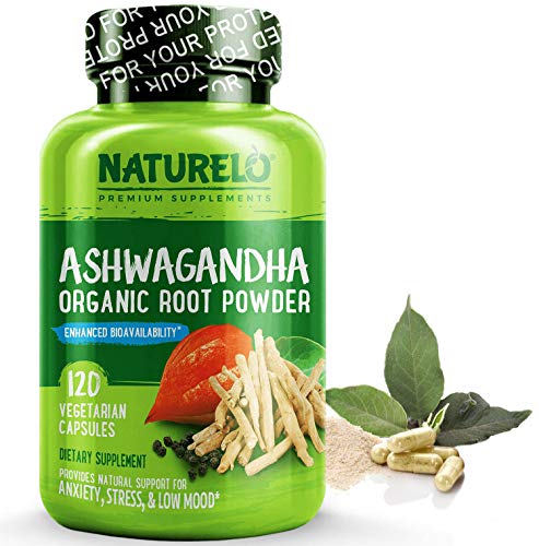 NATURELO Ashwagandha Organic Root Powder - Natural Herbs Supplement - Best for Occasional Anxiety, Stress Relief, Mood Enhancer, Thyroid Support - with Black Pepper Extract - 120 Vegan Capsules