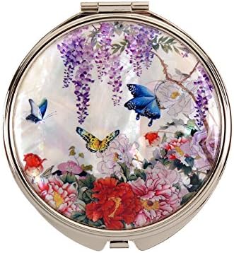 Compact Makeup Mirror Travel Magnifying Double Sided Mother Of Pearl Butterfly Garden mms31