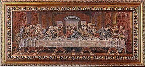 Last Supper Tapestry with an ornate gold-painted wood frame, 35 x 16.5inches. Made in Italy.