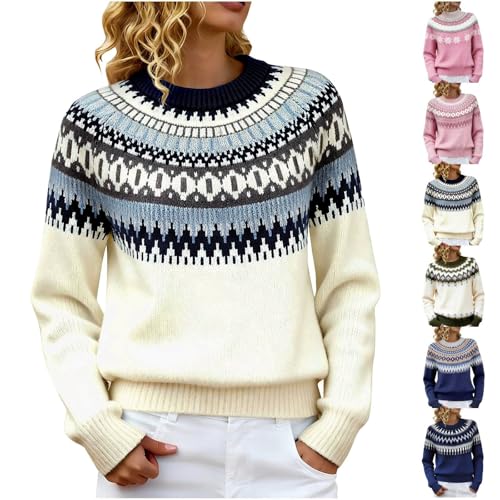 Fairisle Jumper Women Winter Warm Women'S Pullover Sweaters Casual Long Sleeves Chunky Knit Jumper Fashion Crew Neck Christmas Jumpers Plus Size Loose Fit Cashmere Sweaters Ladies Fleece Tunic Tops