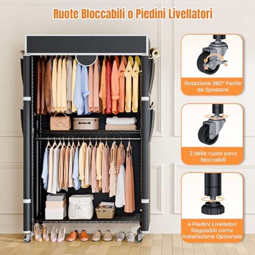 Himimi Coat Rack with Cover, Clothes Rack on Wheels, Heavy Load, Stable with Height Adjustable Shelf, Metal Open Wardrobe for Bedroom, 90 x 45 x 205 cm