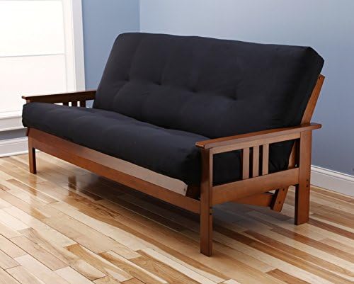 Eldorado Futon Set Hardwood Frame Full Size w/ 8 Inch Coil Mattress Sofa Bed Choice to Add Drawer Set (Black Mattress)
