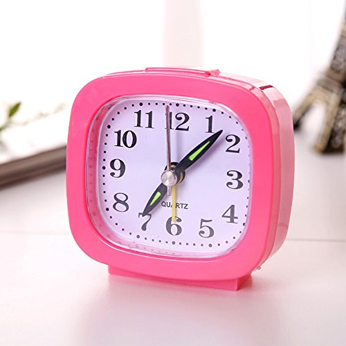 Square Bedside Small Alarm Clock - Portable Mini Size Bedroom Plastic Clock Compact Travel Analog Quartz Loud Beep Alarm Clock with Nightlight, Battery Operated, Silent Non Ticking (Red)