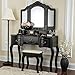 Fineboard Vanity Beauty Station Makeup Table and Wooden Stool 3 Mirrors and 5 Organization Drawers Set, Black