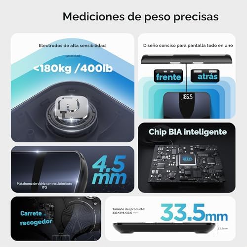 Báscula de Baño Inteligente 8 Electrodos, Báscula Grasa Corporal y Muscular con 28 Indicadores (IMC/Grasa/Proteínas/Músculo) y App Bluetooth, Función de Voz, 180 kg