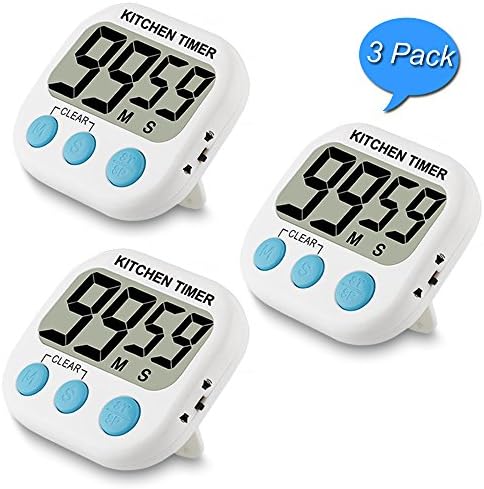 Small Digital Kitchen Timer for Cooking Baking Loud Alarm Countdown Up Magnet Backing Large Display Big Digits for Seniors Kids Indoor Outdoor Use White 3 Pack