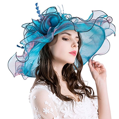 Obosoyo Women Foldable Organza Church Derby Hat Ruffles Wide Brim Summer Beach Sea Sun Hats Blue - Thumbnail 6