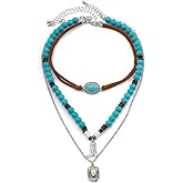FFLaiwah Western Turquoise Layered Chain Necklaces Brown Suede Choker Necklace Set Boho Jewelry Gifts for Women Cowgirls