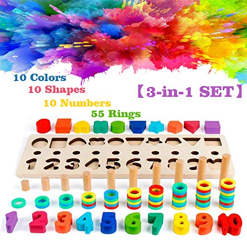 Montessori Wood Blocks Puzzle Board Set for Toddler Preschool Kids, Learning & Educational Toys for Number Counting, Colors Stacking, Shape Sorting, Early Education Toy
