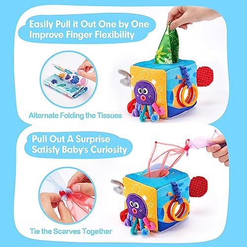 hahaland Baby Toys 3-6 Months Montessori Tissue Box for Babies, Sensory Toy Interactive Tissue Box and Mirror, Newborn Boy Gift