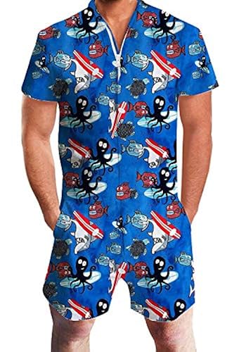 Mens Rompers Jumpsuits ShortSleeve One Piece Drawstring Hooded