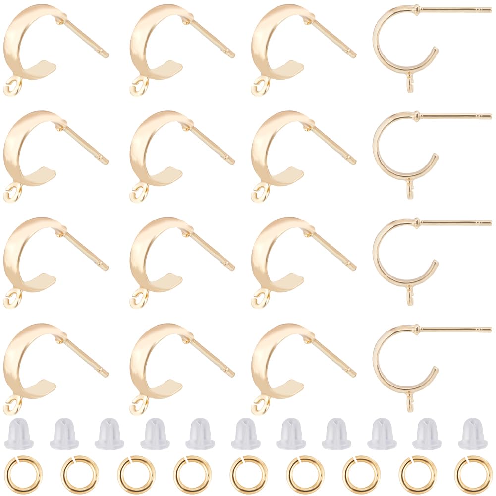 CREATCABIN 18Pcs Half Hoop Earring Findings 18K Gold Plated Brass Round Stud Earrings with Loop Huggie Earrings Posts with Ear Nuts Open Jump Rings for DIY Jewelry Dangle Earring Making Accessories